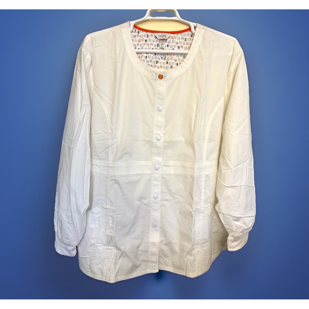 NWT Code Happy Scrub Jacket‎ Women's 5XL White In Color Ribbed Cuffed Pockets